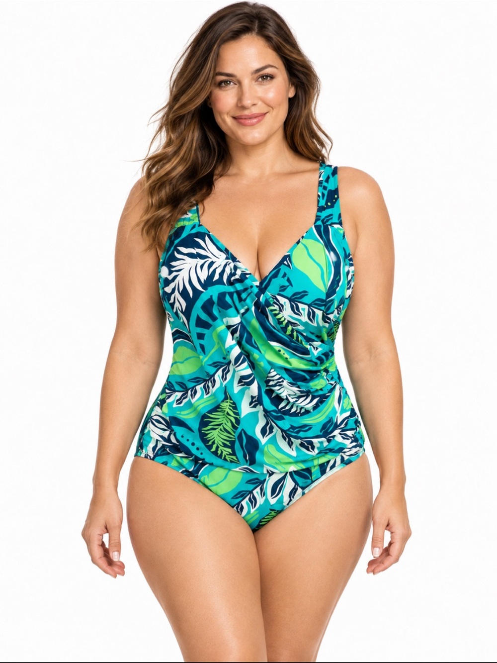 Jantzen Size 16 Tropical Leaf Tummy Control One Piece Swimsuit Teal Green Ruched